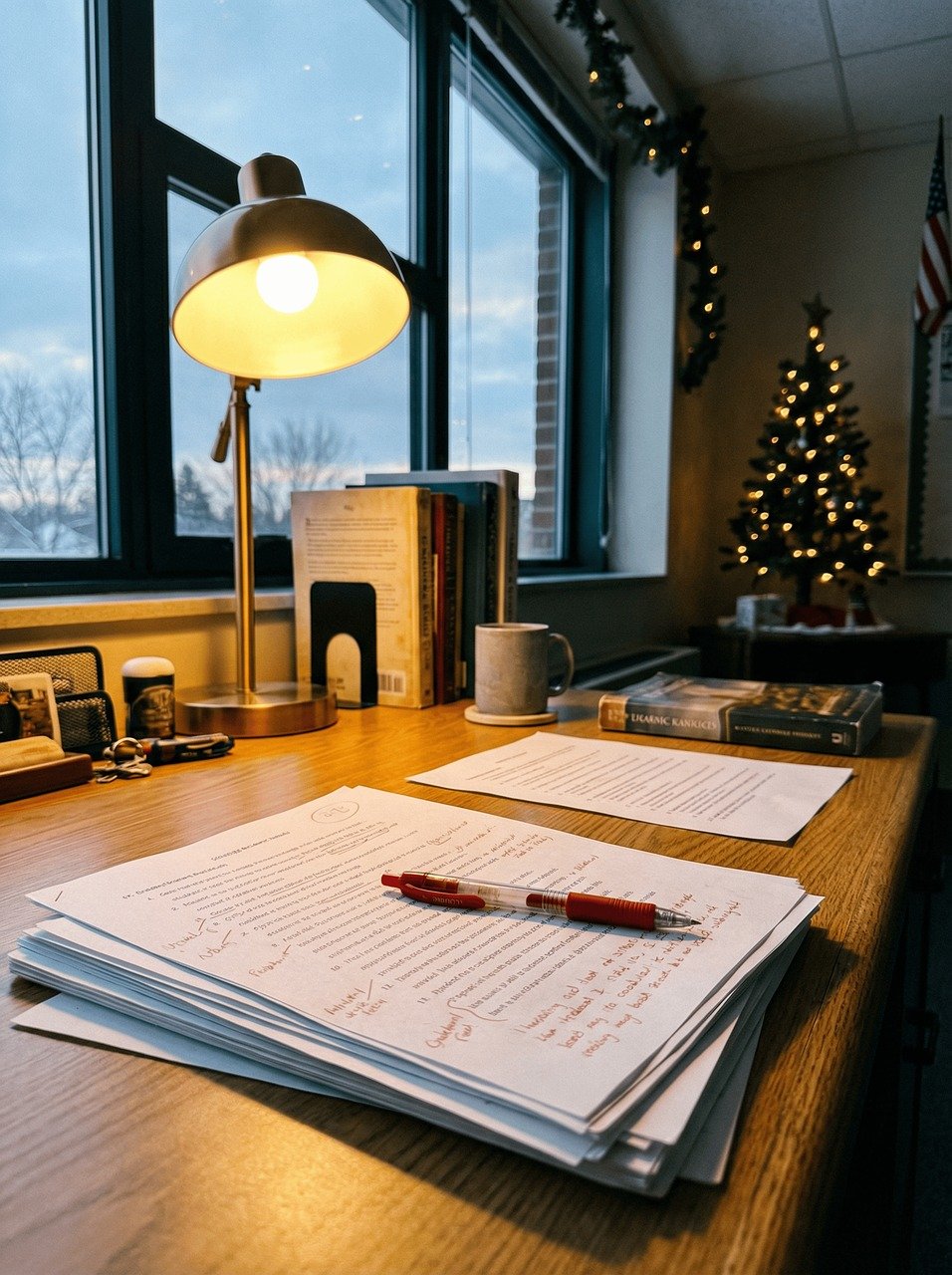 assessment, grading papers, teacher desk, exam checking, academic grading, school assessment, education workspace, red pen, teacher life, classroom desk, exam results, education concept, academic work, grading process, warm lighting, lifestyle education, realistic education, ai generated